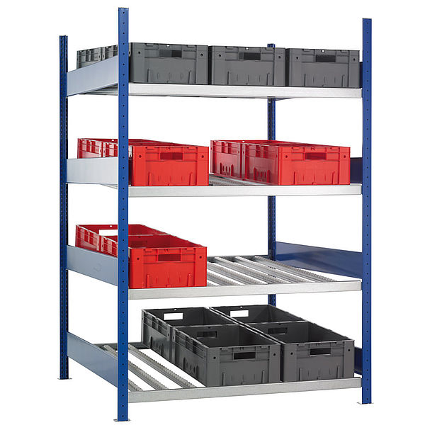 Blauw picking stelling met rollenbaan